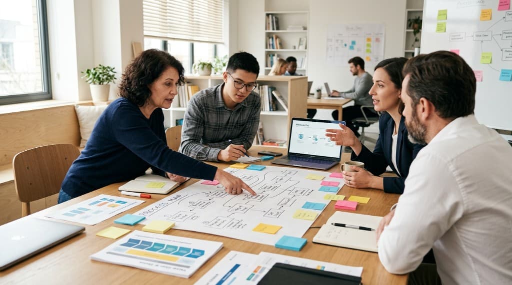 Team in einem Workshop zur gemeinsamen Optimierung des Wertschöpfungsprozesses
